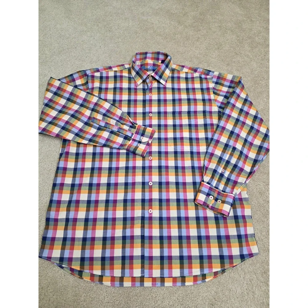 Alan Flusser Mens Large Multi Color Plaid Button Down Shirt Cotton Long Sleeve